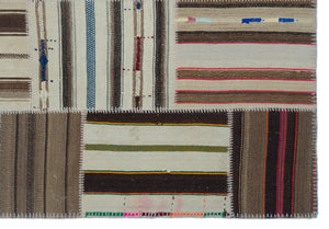 Striped Over Dyed Kilim Patchwork Unique Rug 5'2'' x 7'7'' ft 157 x 230 cm