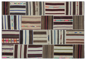 Striped Over Dyed Kilim Patchwork Unique Rug 5'2'' x 7'7'' ft 157 x 230 cm