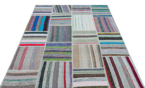 Striped Over Dyed Kilim Patchwork Unique Rug 5'3'' x 7'5'' ft 160 x 225 cm