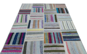 Striped Over Dyed Kilim Patchwork Unique Rug 5'3'' x 7'4'' ft 160 x 224 cm