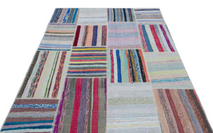 Striped Over Dyed Kilim Patchwork Unique Rug 5'3'' x 7'5'' ft 160 x 227 cm