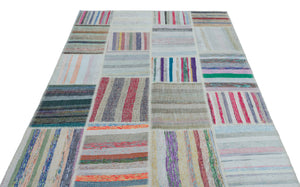 Striped Over Dyed Kilim Patchwork Unique Rug 5'2'' x 7'3'' ft 158 x 222 cm