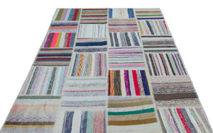 Striped Over Dyed Kilim Patchwork Unique Rug 5'3'' x 7'4'' ft 160 x 223 cm