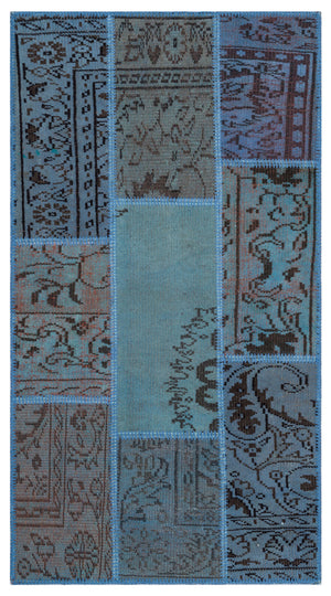 Blue Over Dyed Patchwork Unique Rug 2'7'' x 4'11'' ft 80 x 150 cm