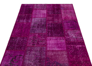 Fuchsia Over Dyed Patchwork Unique Rug 3'11'' x 5'11'' ft 120 x 180 cm