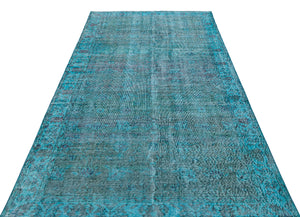 Retro Design Turquoise Over Dyed Vintage Rug 5'3'' x 9'1'' ft 160 x 278 cm