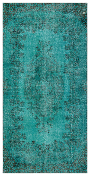 Turquoise Over Dyed Vintage Rug 4'11'' x 9'11'' ft 150 x 302 cm