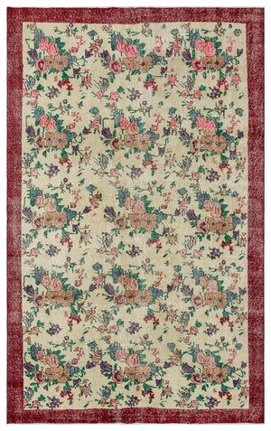 Retro Design Floral Over Dyed Vintage Rug 6'3'' x 9'8'' ft 190 x 295 cm