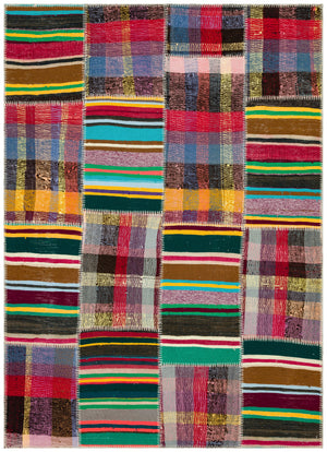 Striped Over Dyed Kilim Patchwork Unique Rug 5'2'' x 7'2'' ft 157 x 219 cm