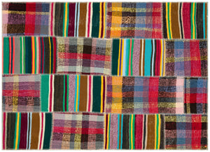 Striped Over Dyed Kilim Patchwork Unique Rug 5'2'' x 7'2'' ft 157 x 219 cm