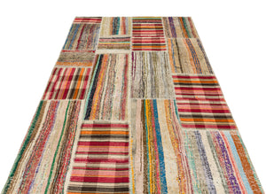 Striped Over Dyed Kilim Patchwork Unique Rug 4'11'' x 7'7'' ft 149 x 230 cm