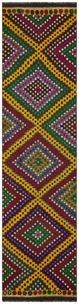 Geometric Design Colorful Hand Knotted Kilim Runner 2'11'' x 11'8'' ft 88 x 355 cm