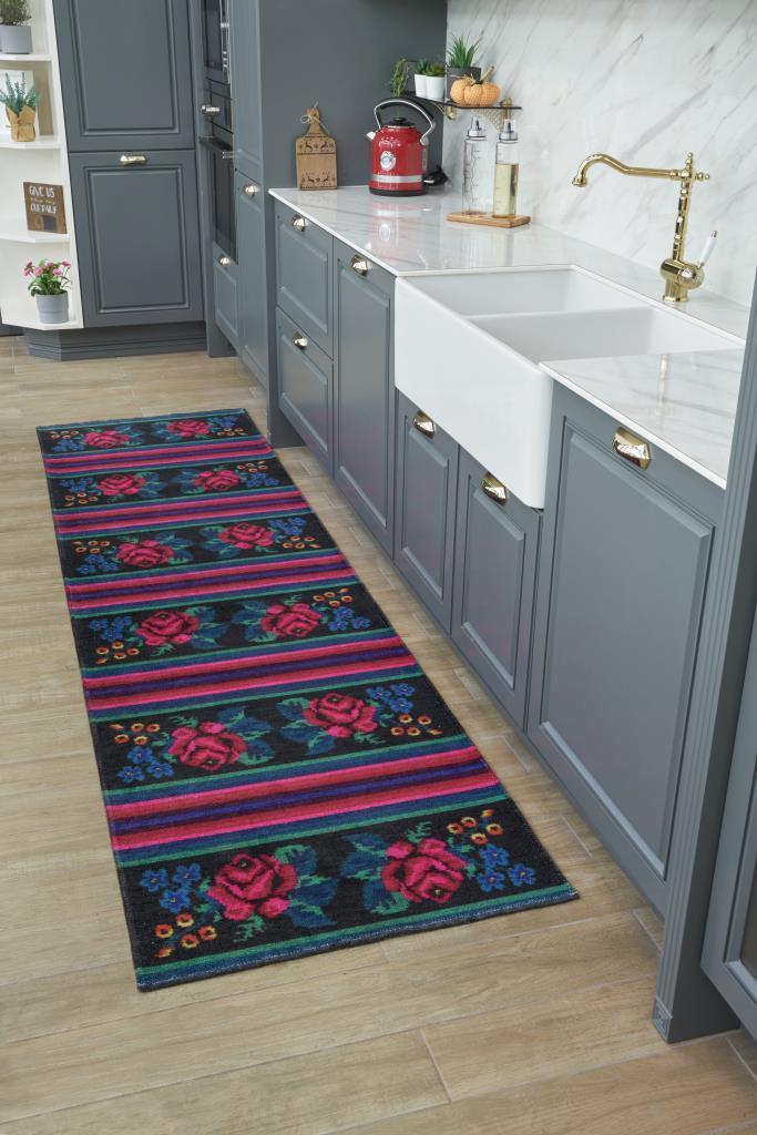 Gravity Washable Fringed Floral Pattern Thin Rug 2306
