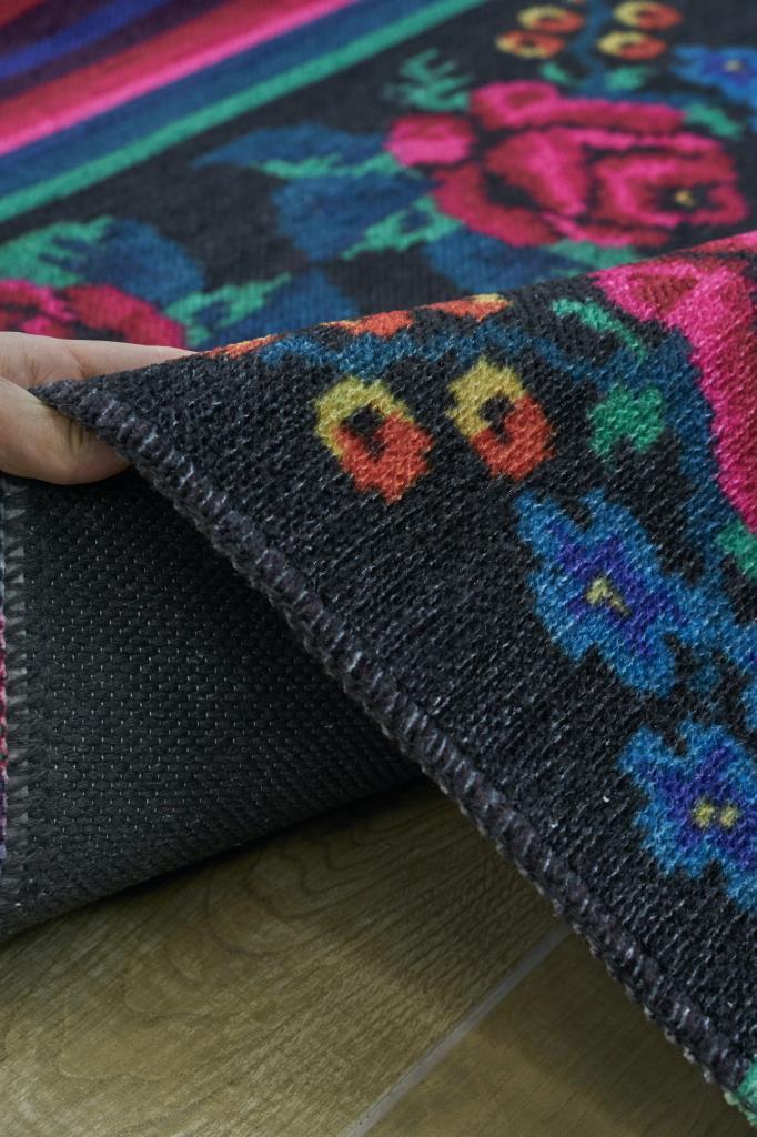 Gravity Washable Fringed Floral Pattern Thin Rug 2306