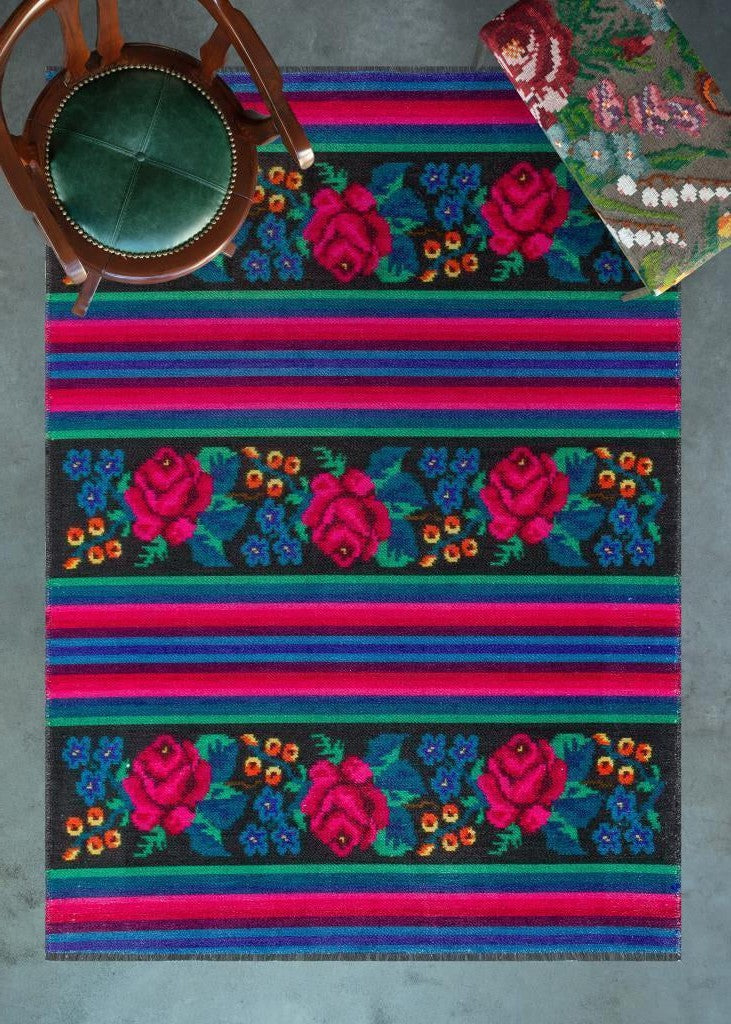 Gravity Washable Fringed Floral Pattern Thin Rug 2306