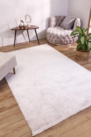 Solid Modern and Plain Patterned Fringed Cream Rug 8353