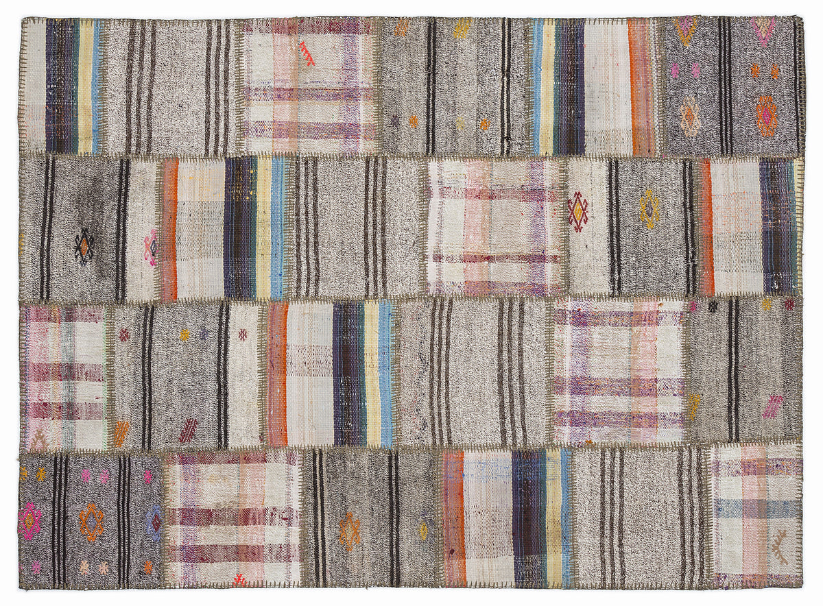 Striped Over Dyed Kilim Patchwork Unique Rug 5&#39;3&#39;&#39; x 7&#39;7&#39;&#39; ft 160 x 230 cm