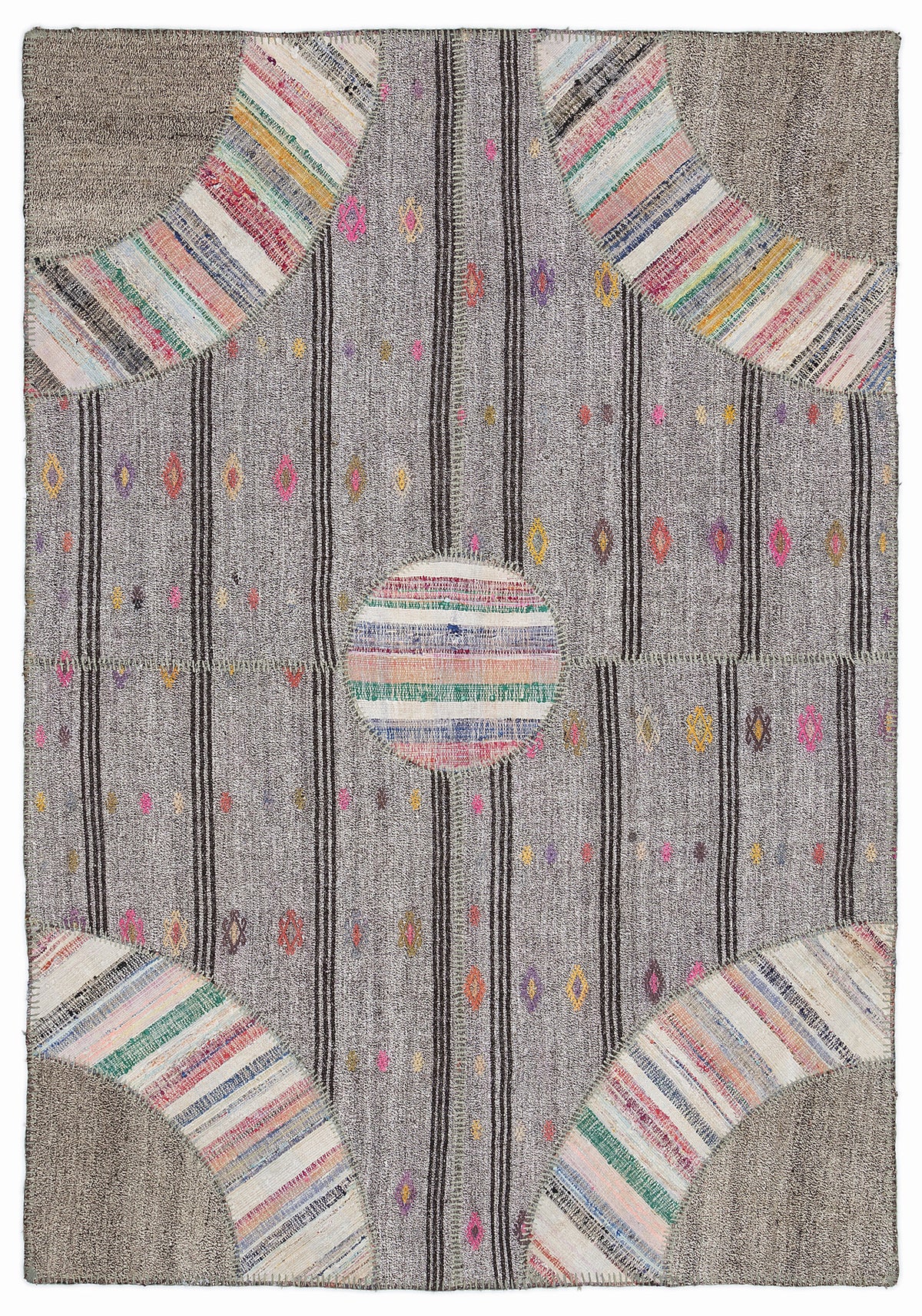 Striped Over Dyed Kilim Patchwork Unique Rug 5&#39;3&#39;&#39; x 7&#39;7&#39;&#39; ft 160 x 230 cm