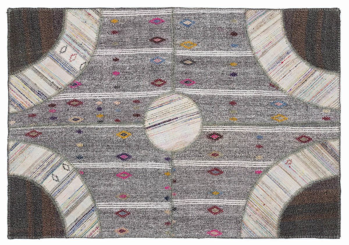 Striped Over Dyed Kilim Patchwork Unique Rug 5&#39;3&#39;&#39; x 7&#39;7&#39;&#39; ft 160 x 230 cm