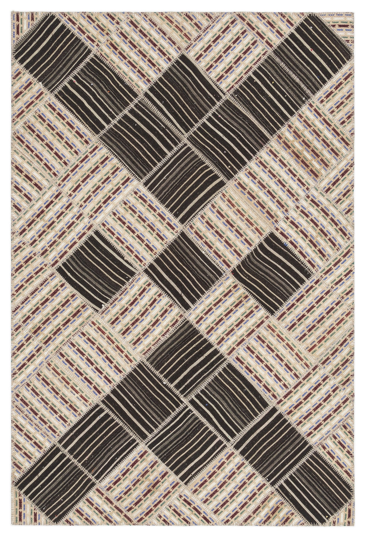 Striped Over Dyed Kilim Patchwork Unique Rug 5&#39;9&#39;&#39; x 8&#39;8&#39;&#39; ft 176 x 264 cm