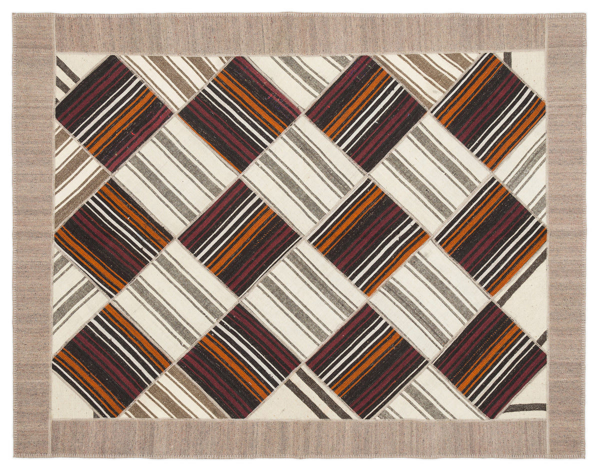 Striped Over Dyed Kilim Patchwork Unique Rug 6&#39;11&#39;&#39; x 8&#39;10&#39;&#39; ft 210 x 270 cm