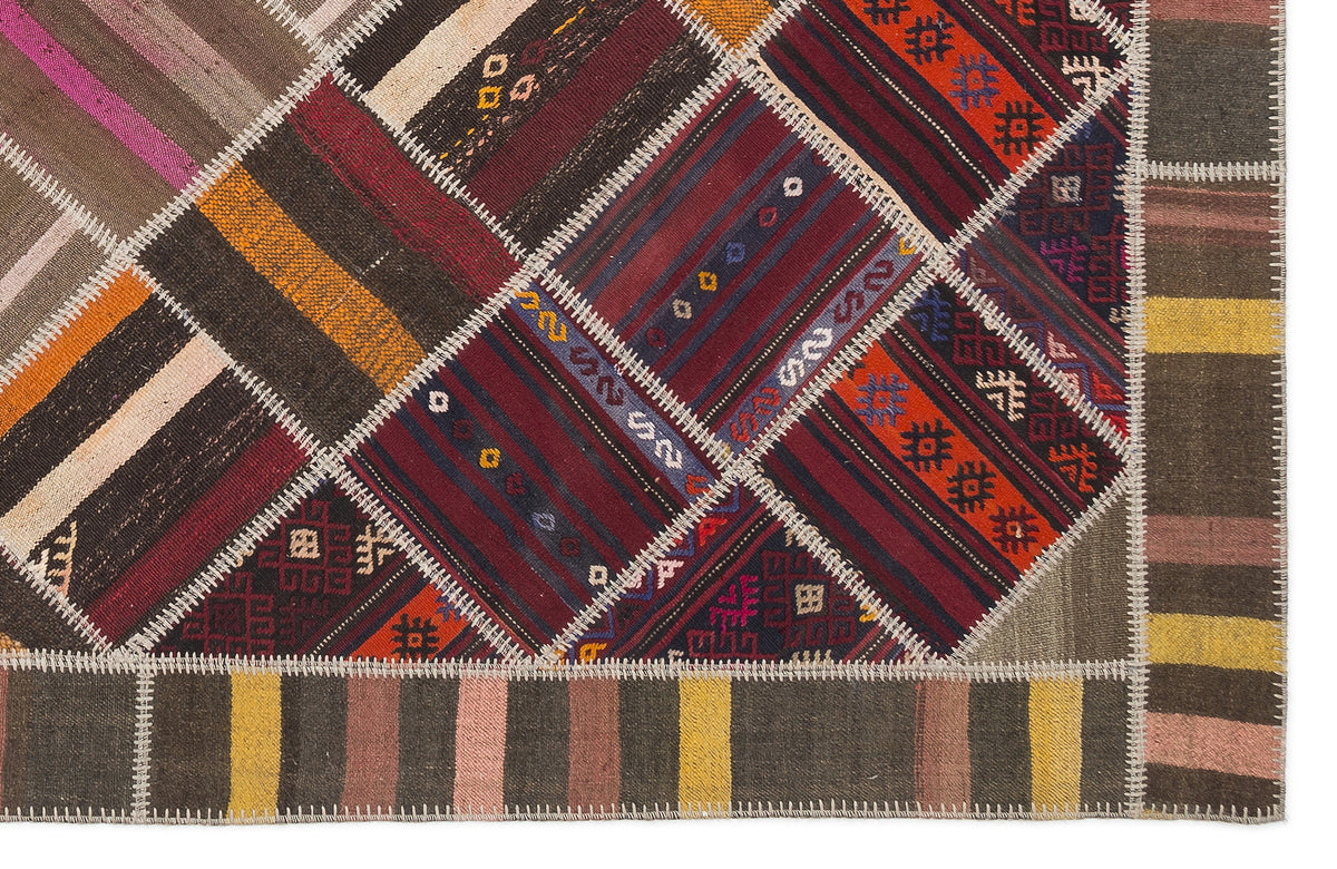 Striped Over Dyed Kilim Patchwork Unique Rug 7&#39;0&#39;&#39; x 10&#39;2&#39;&#39; ft 214 x 310 cm