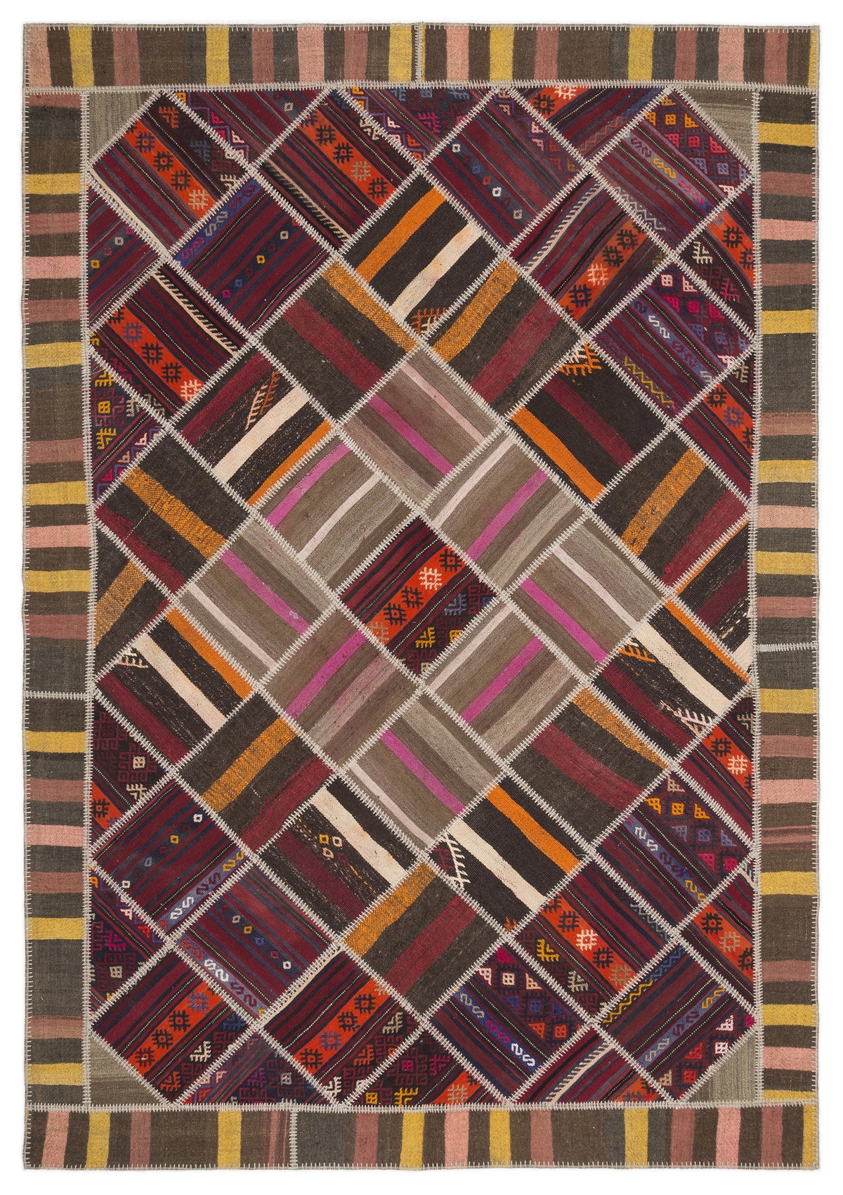 Striped Over Dyed Kilim Patchwork Unique Rug 7&#39;0&#39;&#39; x 10&#39;2&#39;&#39; ft 214 x 310 cm