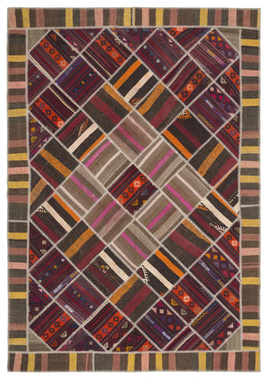 Striped Over Dyed Kilim Patchwork Unique Rug 7'0'' x 10'2'' ft 214 x 310 cm