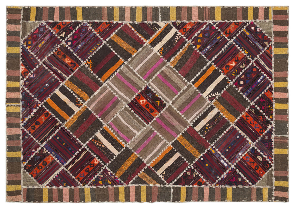 Striped Over Dyed Kilim Patchwork Unique Rug 7&#39;0&#39;&#39; x 10&#39;2&#39;&#39; ft 214 x 310 cm