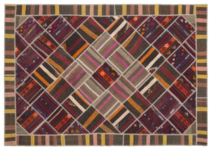 Striped Over Dyed Kilim Patchwork Unique Rug 7'0'' x 10'2'' ft 214 x 310 cm