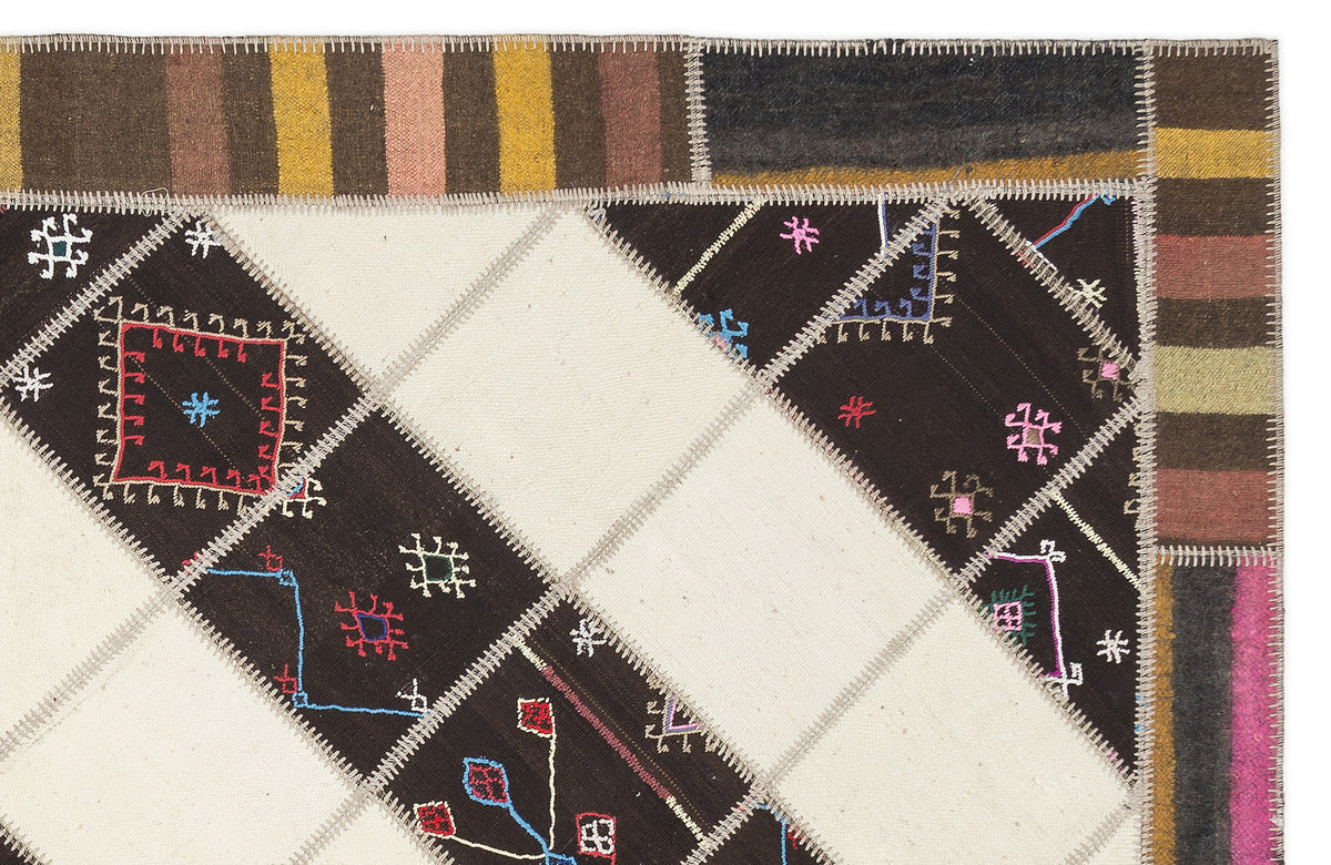 Striped Over Dyed Kilim Patchwork Unique Rug 6&#39;11&#39;&#39; x 9&#39;9&#39;&#39; ft 212 x 297 cm