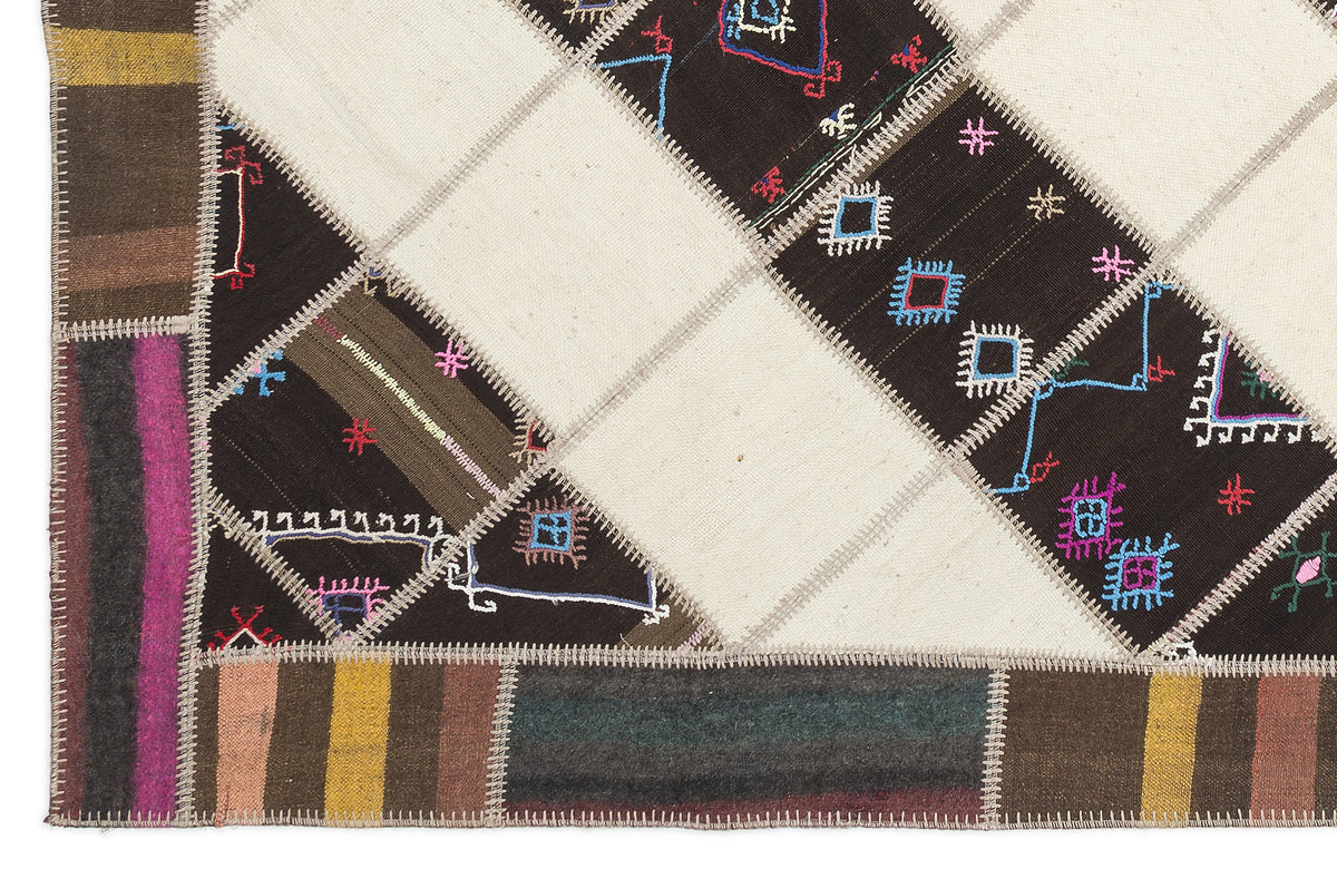 Striped Over Dyed Kilim Patchwork Unique Rug 6&#39;11&#39;&#39; x 9&#39;9&#39;&#39; ft 212 x 297 cm