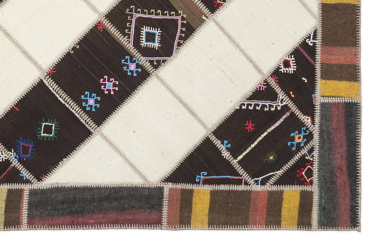 Striped Over Dyed Kilim Patchwork Unique Rug 6&#39;11&#39;&#39; x 9&#39;9&#39;&#39; ft 212 x 297 cm