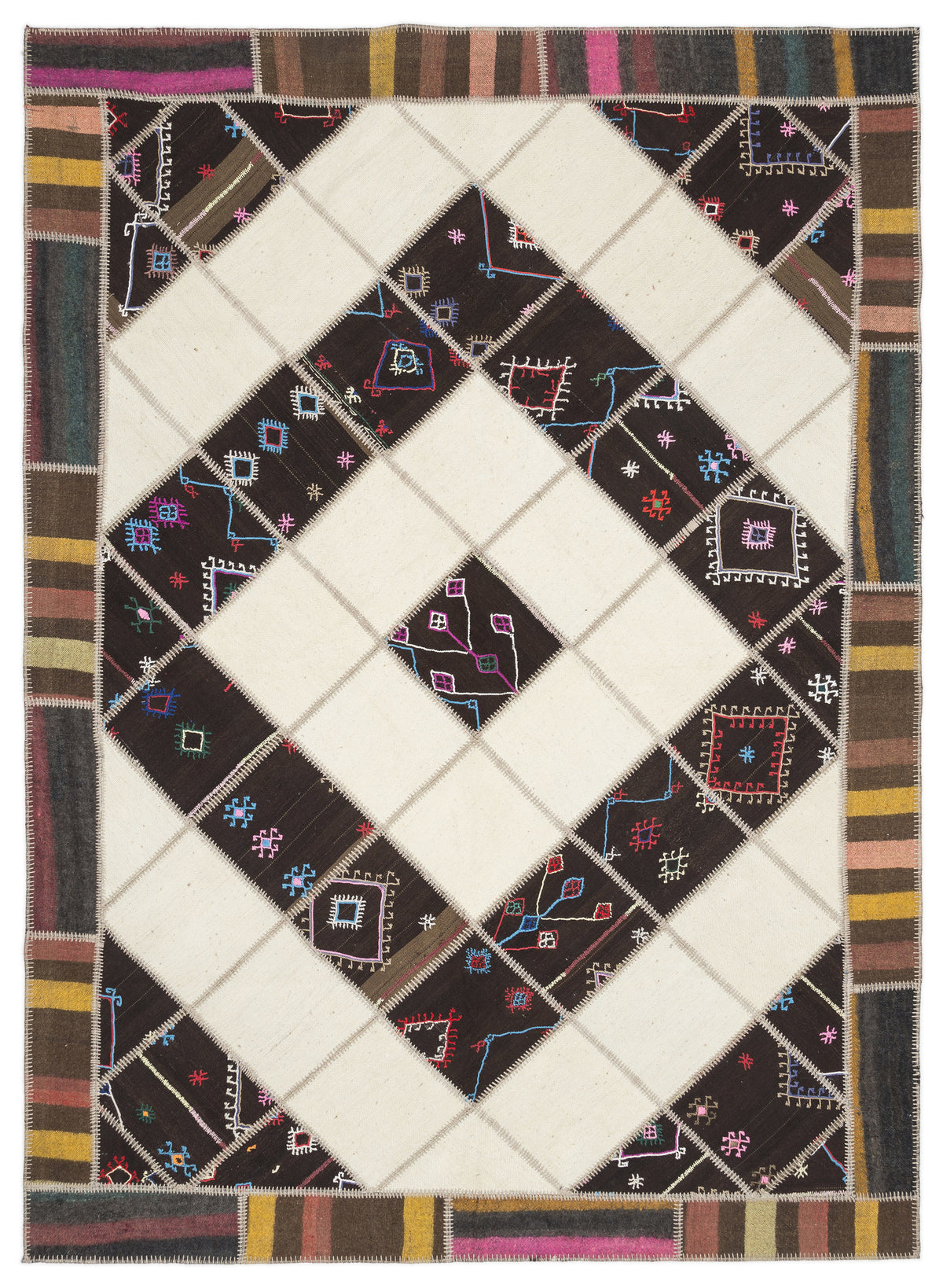 Striped Over Dyed Kilim Patchwork Unique Rug 6&#39;11&#39;&#39; x 9&#39;9&#39;&#39; ft 212 x 297 cm