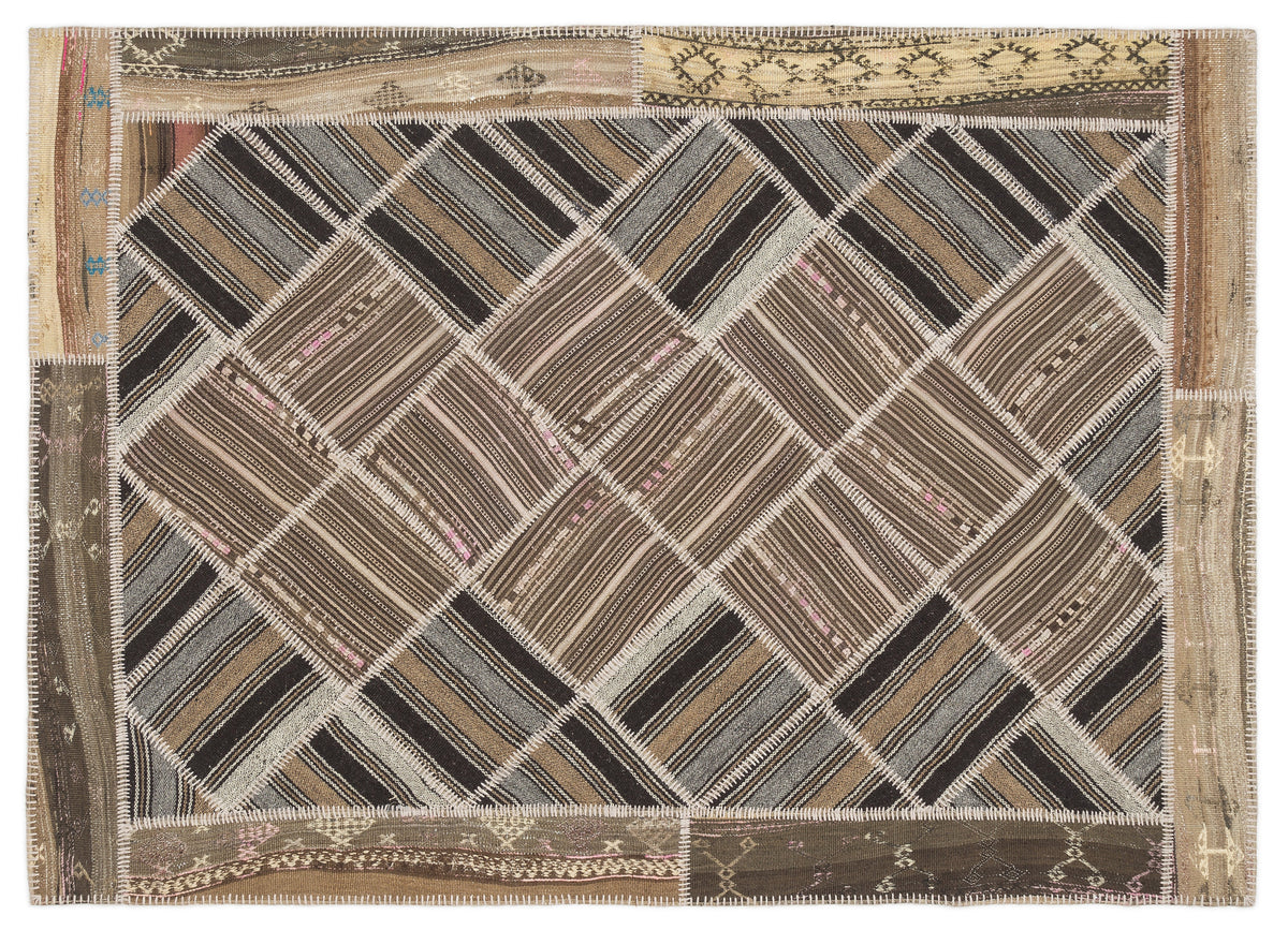 Striped Over Dyed Kilim Patchwork Unique Rug 5&#39;7&#39;&#39; x 7&#39;9&#39;&#39; ft 170 x 235 cm