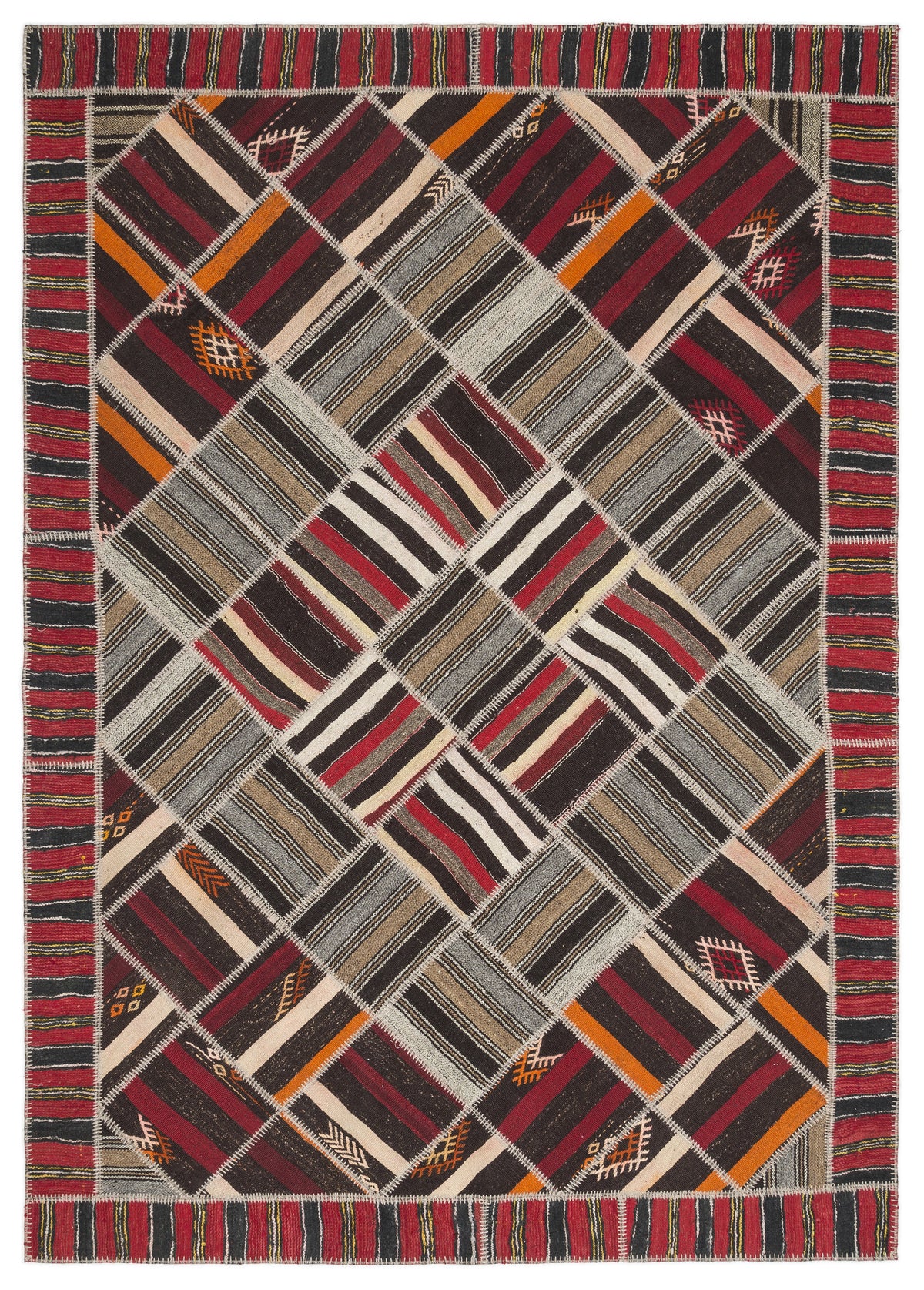 Striped Over Dyed Kilim Patchwork Unique Rug 7&#39;2&#39;&#39; x 10&#39;2&#39;&#39; ft 218 x 309 cm