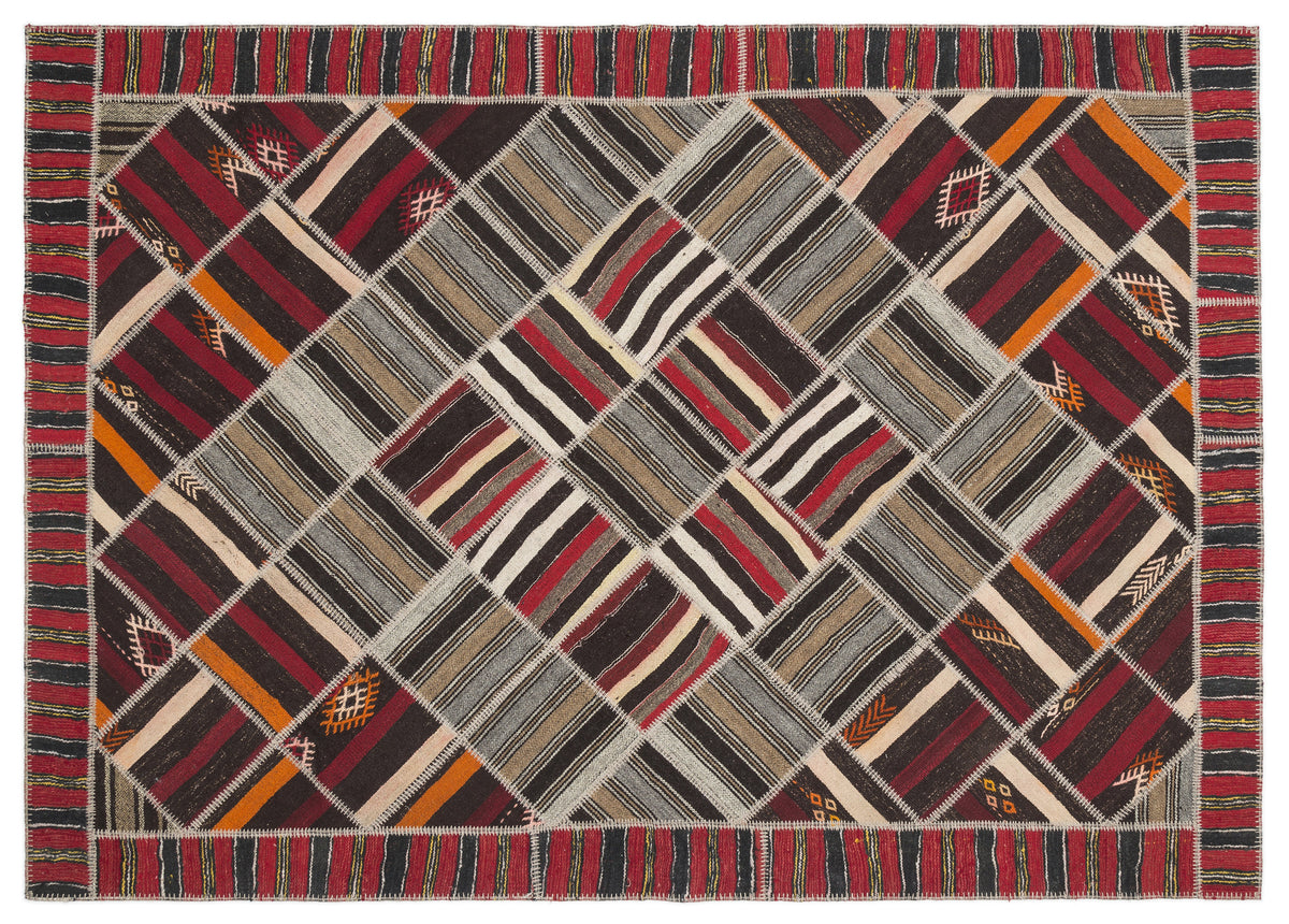 Striped Over Dyed Kilim Patchwork Unique Rug 7&#39;2&#39;&#39; x 10&#39;2&#39;&#39; ft 218 x 309 cm