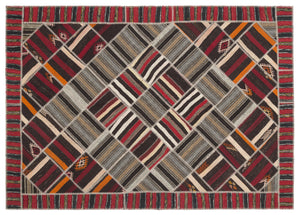 Striped Over Dyed Kilim Patchwork Unique Rug 7'2'' x 10'2'' ft 218 x 309 cm