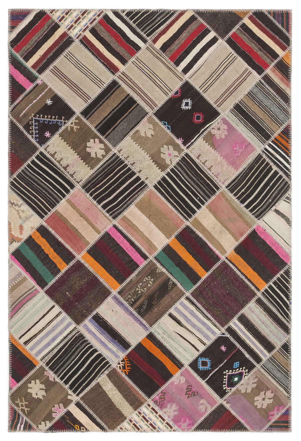 Striped Over Dyed Kilim Patchwork Unique Rug 5&#39;10&#39;&#39; x 8&#39;8&#39;&#39; ft 178 x 264 cm