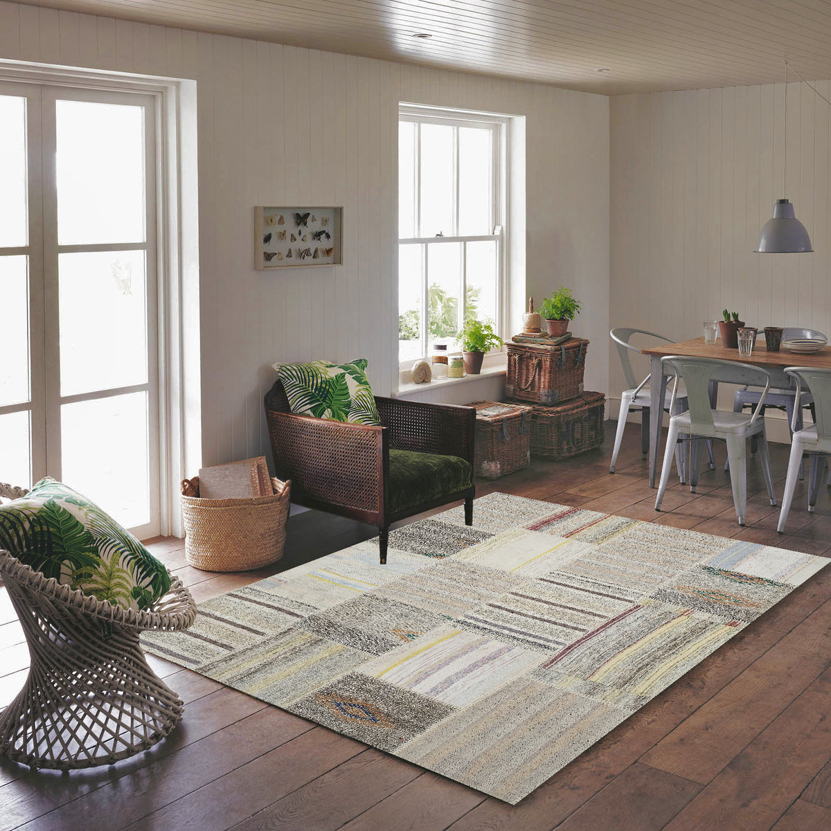 Stipred Over Dyed Rug | Patchwork Rug | Turkish Rug | Hand Weaving Rug  | Bedroom Rug | Wool Rug | Vintage Rug | Overdyed Rug | Striped Rug | Naturel Rug | Beige Rug | Boho Rug | 5&#39;3&#39;&#39; x 7&#39;7&#39;&#39; ft 160 x 230 cm