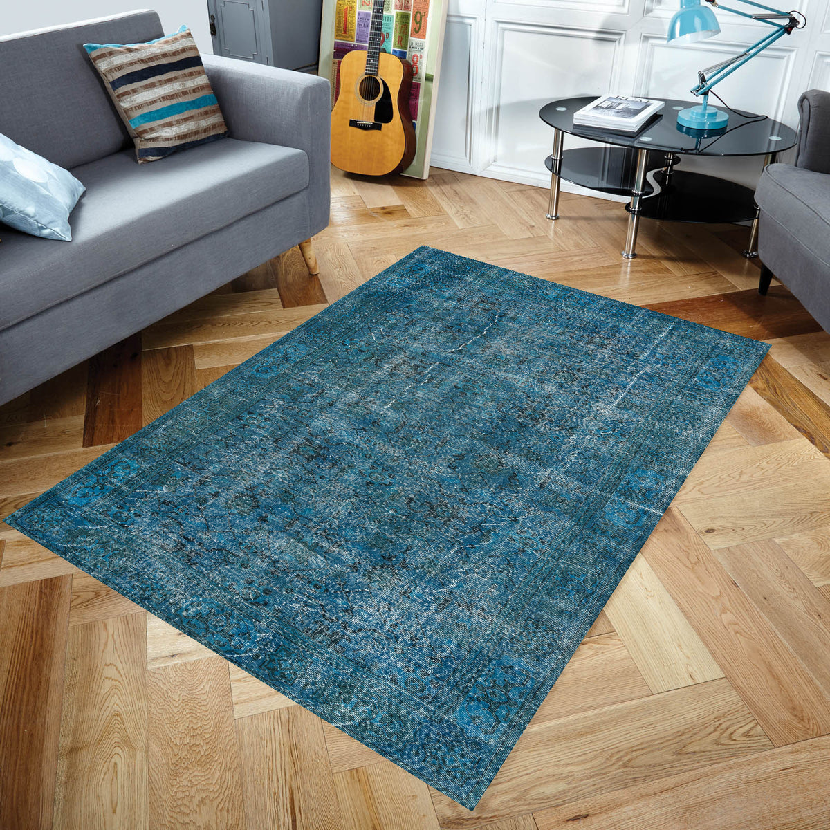 Turquoise Over Dyed Rug  I Plain Rug | Turkish Rug | Hand Weaving Rug  | Living Room Rug | Wool Rug | Vintage Rug | Tumbled Rug  | Naturel Rug | Boho Rug I 6&#39;3&#39;&#39; x 9&#39;9&#39;&#39; ft 190 x 297 cm