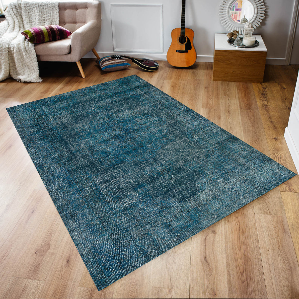 Blue Over Dyed Rug I Traditional Design Rug | Turkish Rug | Hand Weaving Rug  | Bedroom Rug | Wool Rug | Vintage Rug | Tumbled Rug  | Naturel Rug | Boho Rug I  6&#39;4&#39;&#39; x 9&#39;7&#39;&#39; ft 193 x 292 cm