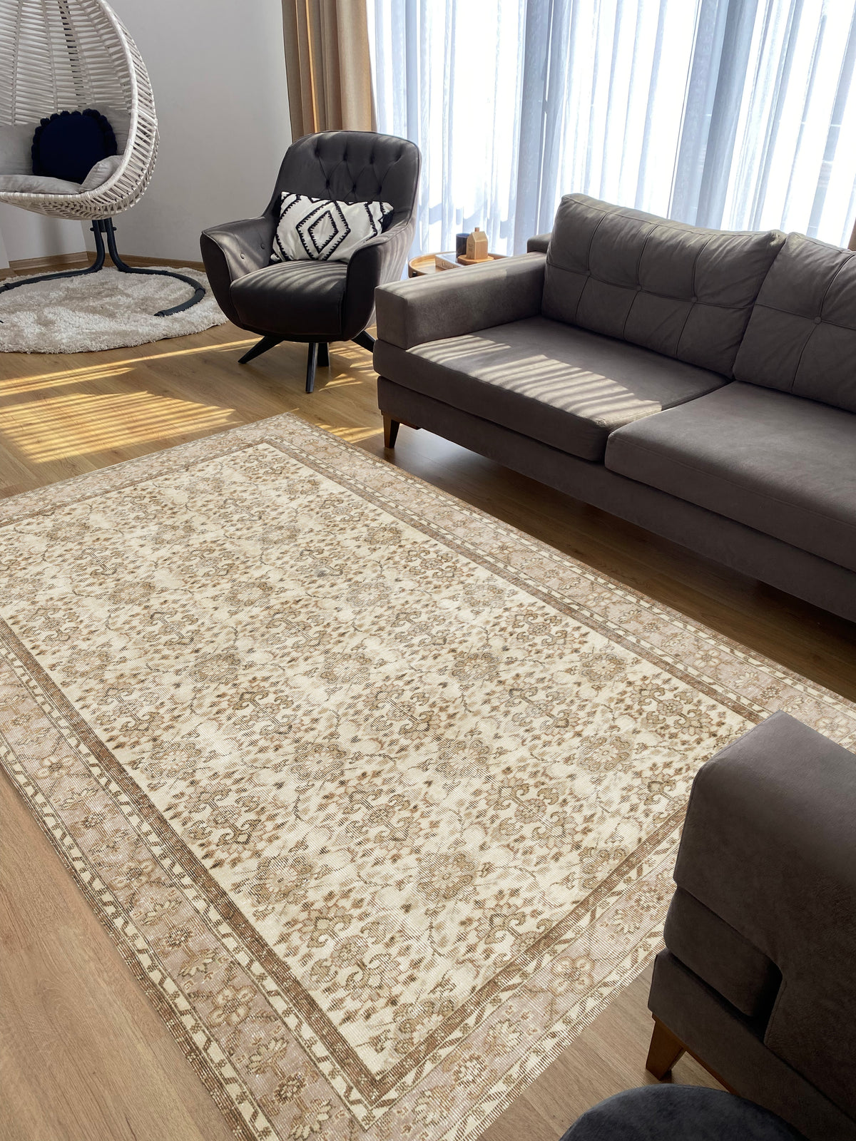 Beige Over Dyed Rug  I Retro Design Rug | Turkish Rug | Hand Weaving Rug  | Living Room Rug | Wool Rug | Vintage Rug | Tumbled Rug  | Naturel Rug | Boho Rug I 6&#39;4&#39;&#39; x 10&#39;2&#39;&#39; ft 194 x 310 cm