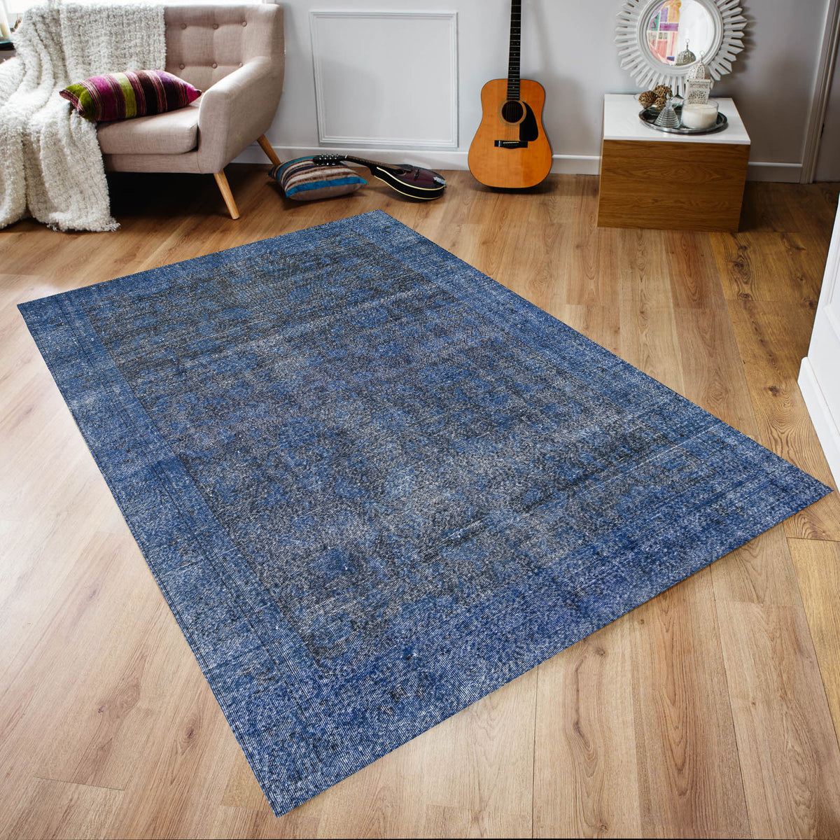 Blue Over Dyed Rug I Plain Rug | Turkish Rug | Hand Weaving Rug  | Bedroom Rug | Wool Rug | Vintage Rug | Tumbled Rug  | Naturel Rug | Boho Rug I  5&#39;9&#39;&#39; x 10&#39;9&#39;&#39; ft 175 x 327 cm