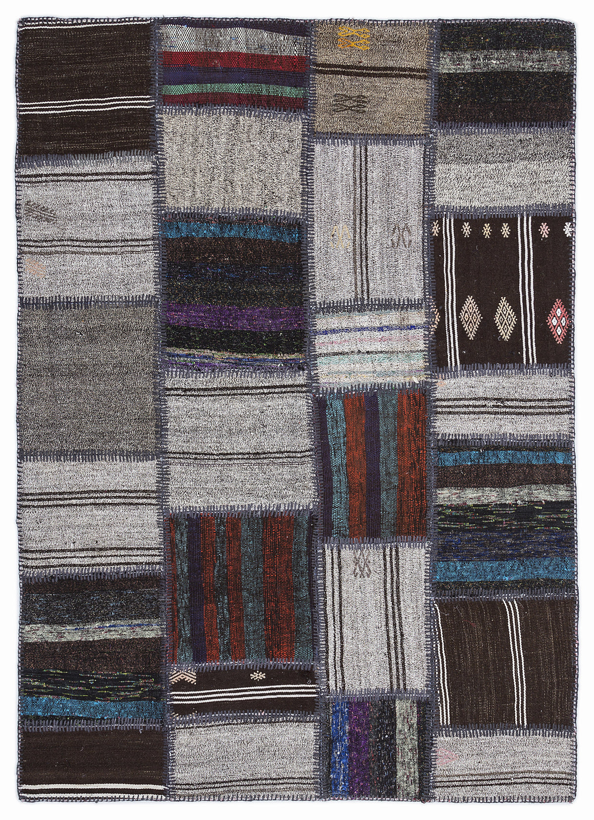 Striped Over Dyed Kilim Patchwork Unique Rug 5&#39;3&#39;&#39; x 7&#39;7&#39;&#39; ft 160 x 230 cm