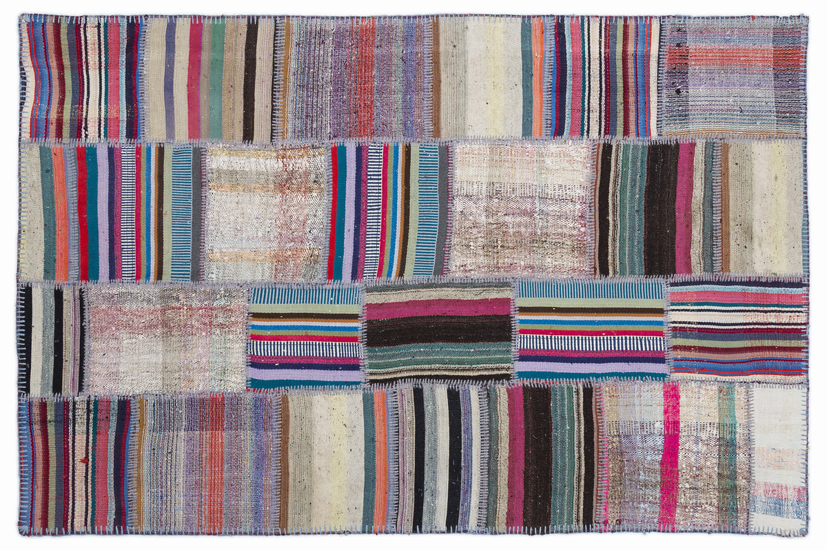 Striped Over Dyed Kilim Patchwork Unique Rug 5&#39;3&#39;&#39; x 7&#39;7&#39;&#39; ft 160 x 230 cm