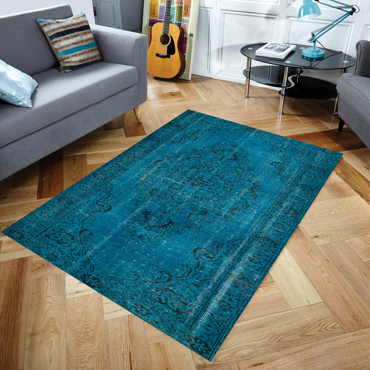 Turquoise Over Dyed Rug  I Traditional Design Rug | Turkish Rug | Hand Weaving Rug  | Living Room Rug | Wool Rug | Vintage Rug | Tumbled Rug  | Naturel Rug | Boho Rug I5&#39;9&#39;&#39; x 10&#39;8&#39;&#39; ft 175 x 326 cmq