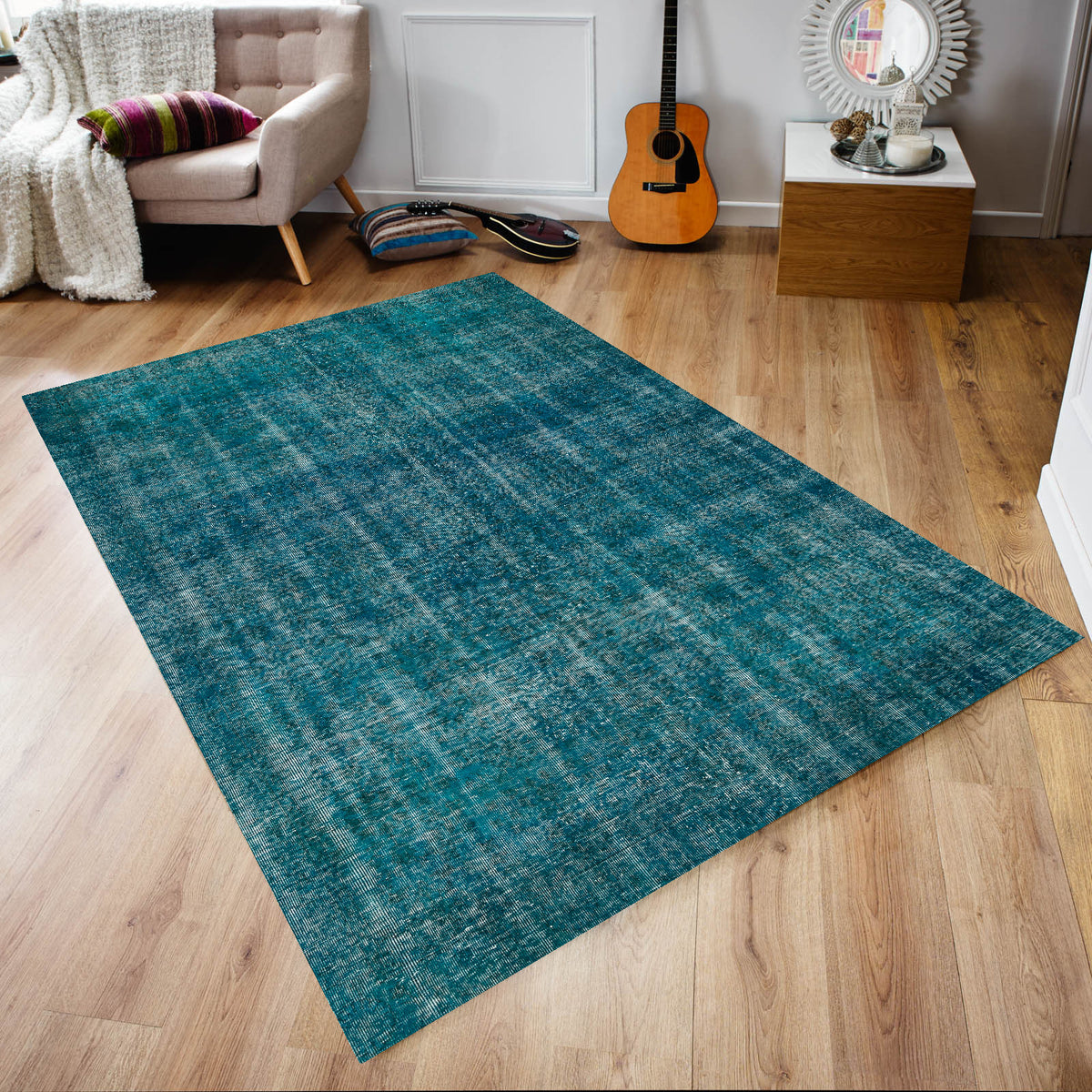 Blue Over Dyed Rug I Plain Rug | Turkish Rug | Hand Weaving Rug  | Bedroom Rug | Wool Rug | Vintage Rug | Tumbled Rug  | Naturel Rug | Boho Rug I  6&#39;4&#39;&#39; x 9&#39;12&#39;&#39; ft 192 x 304 cm
