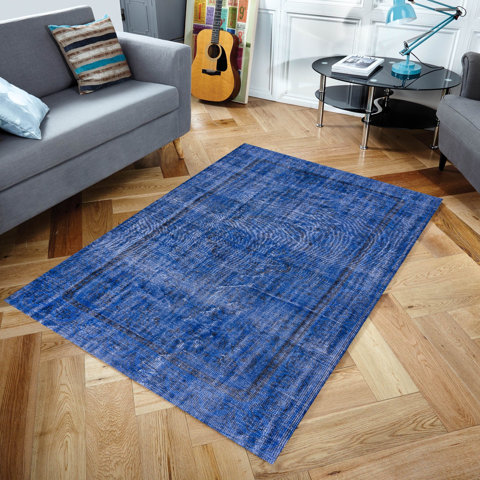 Blue Over Dyed Rug I Plain Rug | Turkish Rug | Hand Weaving Rug  | Bedroom Rug | Wool Rug | Vintage Rug | Tumbled Rug  | Naturel Rug | Boho Rug I   5'10'' x 9'5'' ft 178 x 287 cm