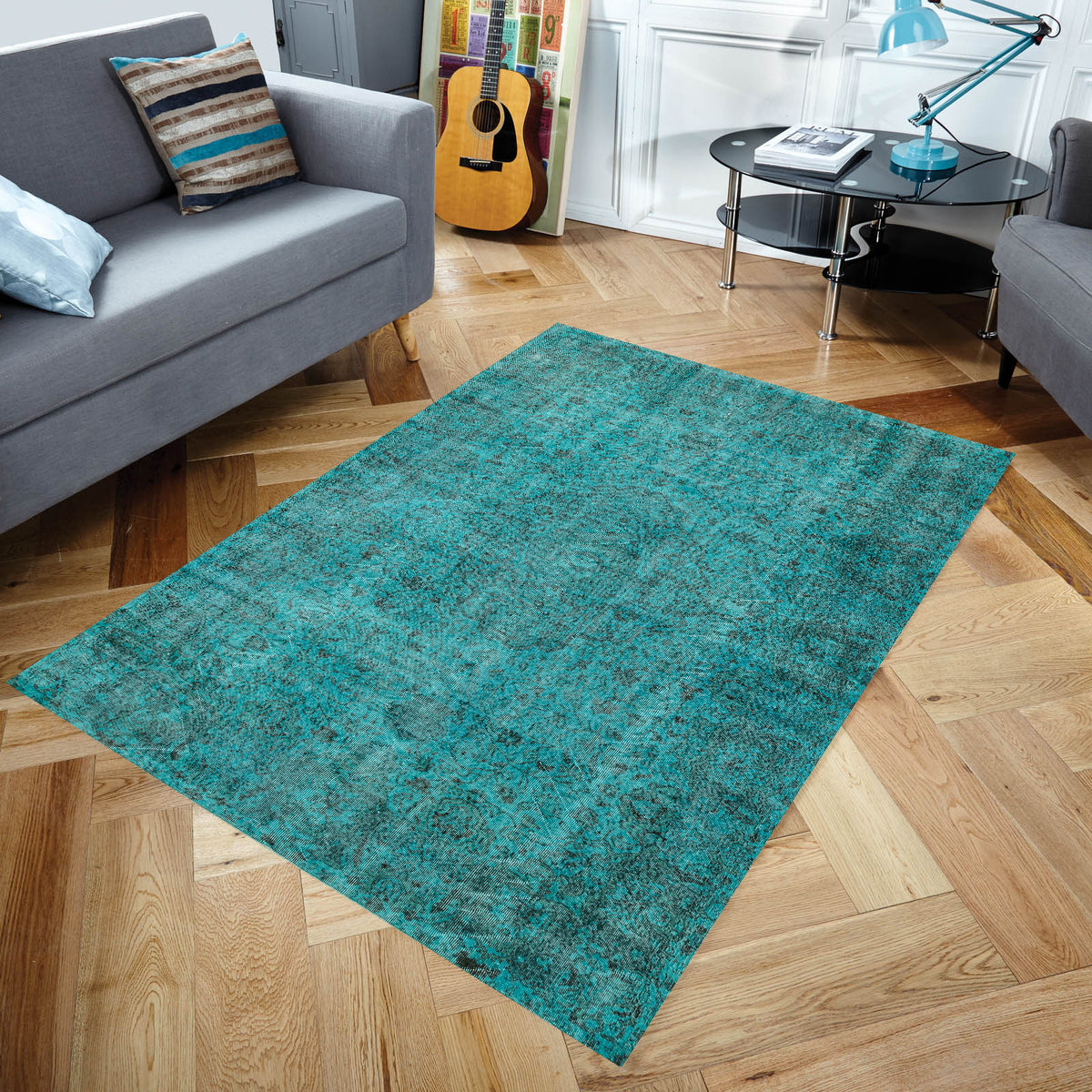 Turquoise Over Dyed Rug  I Traditional Design Rug | Turkish Rug | Hand Weaving Rug  | Living Room Rug | Wool Rug | Vintage Rug | Tumbled Rug  | Naturel Rug | Boho Rug I 6'5'' x 10'5'' ft 195 x 318 cm